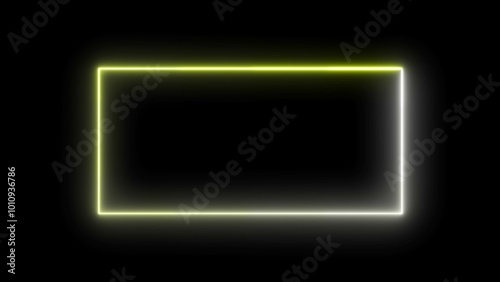Rectangle yellow neon on a dark wall. Abstract neon rectangle frame animation.