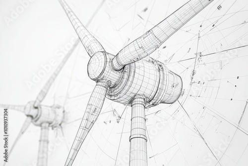 Technical sketch of a wind turbine, showcasing the mechanical components and design elements, symbolizing the engineering behind renewable energy technology. Ideal for themes of innovation. photo