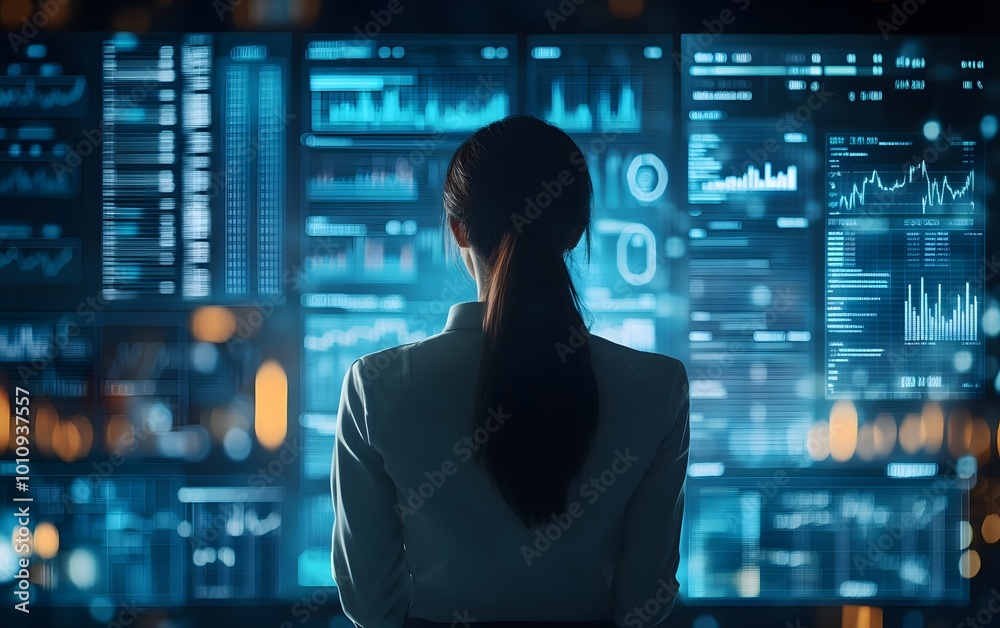 A professional woman analyzes data on multiple screens in a modern office, surrounded by glowing graphs and statistics. A professional woman analyzes data on multiple screens in a modern office, surrounded by glowing graphs and statistics.