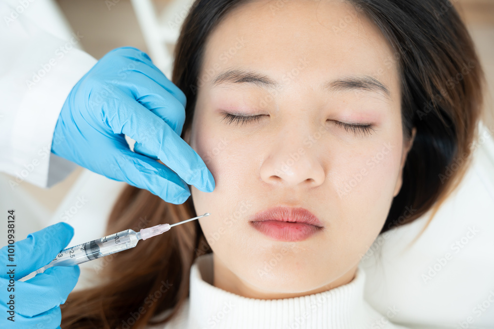 Cosmetic surgery, skin whitening injection, filler injection, Skin reface, beautiful Asian girls receive beauty treatments at beauty clinic, skincare, pore rejuvenation, wrinkle, baby face