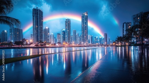 A vibrant cityscape at dusk, featuring skyscrapers and a rainbow reflecting on wet pavement.