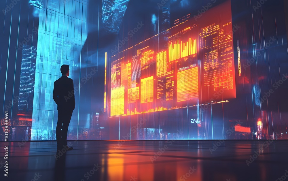 A businessman gazes at futuristic data visualization, symbolizing innovation and technology in a digital world. A businessman gazes at futuristic data visualization, symbolizing innovation and technology in a digital world.
