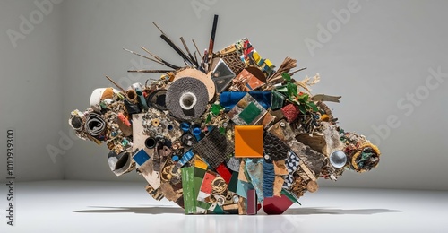 Collage artwork made from recycled materials and found objects.