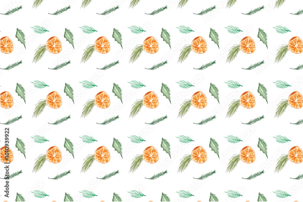Obraz premium Winter holidays. Pattern of orange round slice and pine needles combined with holly. Hand drawn watercolor illustration for wrapping paper design,card, kitchen napkins, fabric