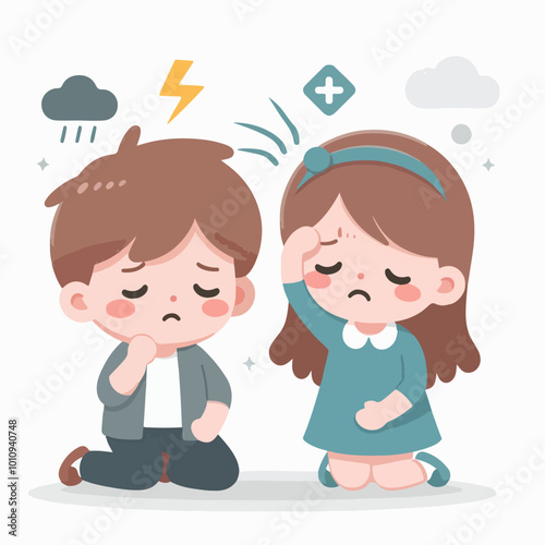 children with headaches flat illustration