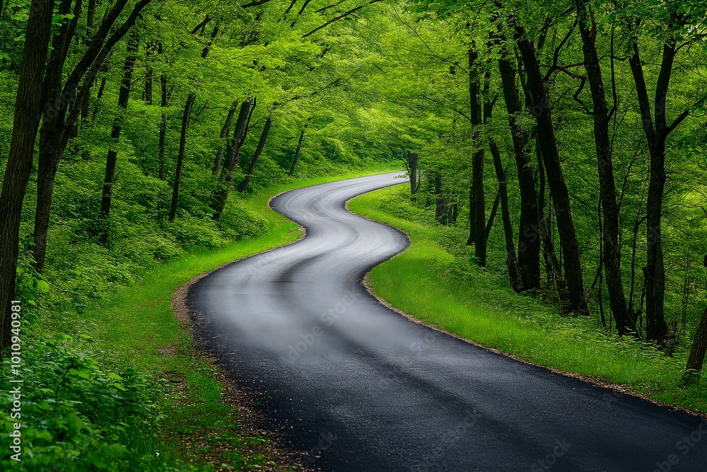 Obraz premium Winding Road in Spring and Green Trees Line Both Sides, Landscape Photography