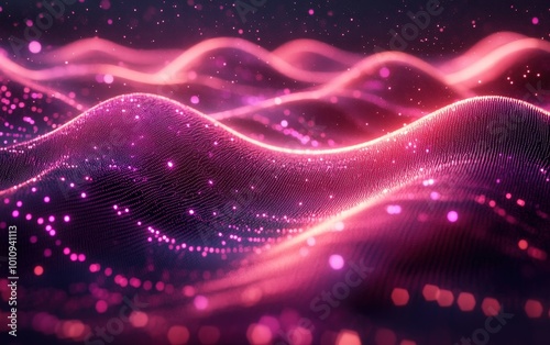 Abstract digital waves with glowing light particles flowing in a modern design, creating a vibrant and dynamic visual effect.