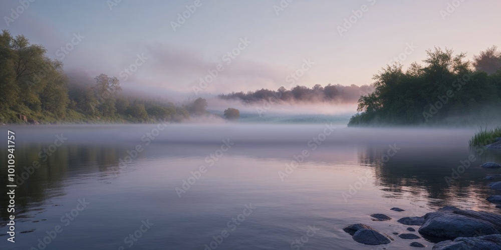 Fototapeta premium Unpolluted fresh mist over a tranquil lake at dawn.