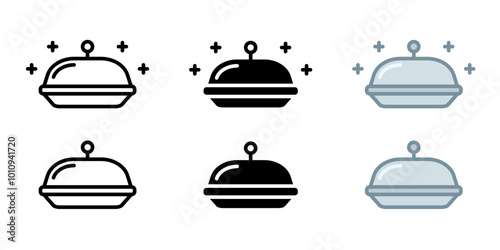 Gala dinner dish icon. Silver covered plate symbol. Restaurant tray of food sign. Dinner server illustration.