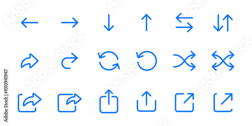 Arrows icon set for website ui/ux design. Arrow buttons thin symbols. Interface signs. Download, direction and share pictograms for app.