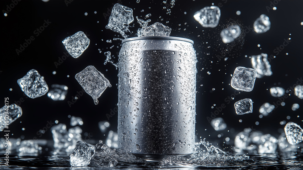Flying Ice Cubes and Aluminum Can – Empty Metallic Drink Can Mockup for Eye-Catching Beverage Ads and Posters Flying Ice Cubes and Aluminum Can – Empty Metallic Drink Can Mockup for Eye-Catching Beverage Ads and Posters