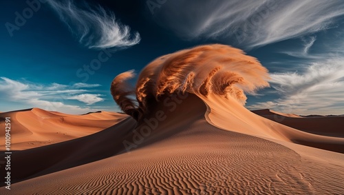 Windy Desert Scene A strong wind blowing sand dunes in a vast desert landscape. photo