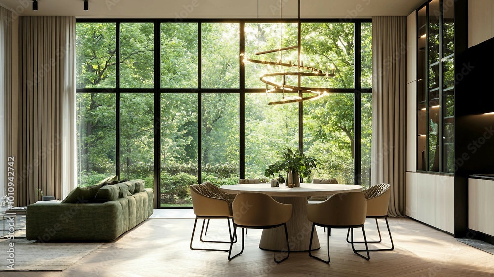 Modern Dining Room with Large Windows and Green View Modern Dining Room with Large Windows and Green View