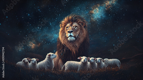 This image shows a powerful lion sitting protectively among a group of sheep under a stunning starry night sky ,The image may symbolize leadership, protection of the vulnerable