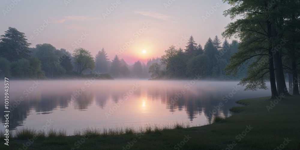 Misty Morning Sunrise Over a Tranquil Lake. Misty Morning Sunrise Over a Tranquil Lake.