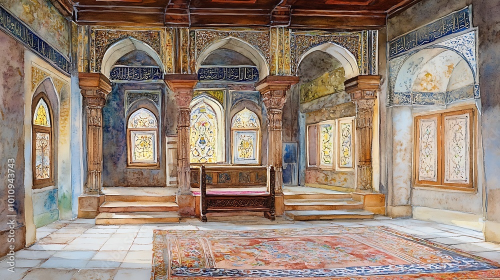 Obraz premium Watercolor Painting of an Ornate Interior with Stained Glass Windows.