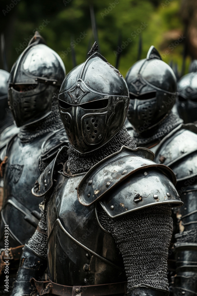 Medieval knights army in full armor standing in formation ready for battle. Warrior on battlefield Medieval knights army in full armor standing in formation ready for battle. Warrior on battlefield