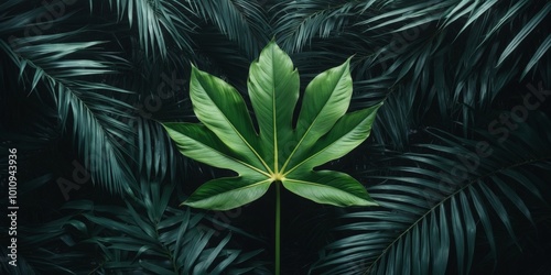 closeup nature view of green leaf and palms background Flat lay dark nature concept tropical leaf. photo