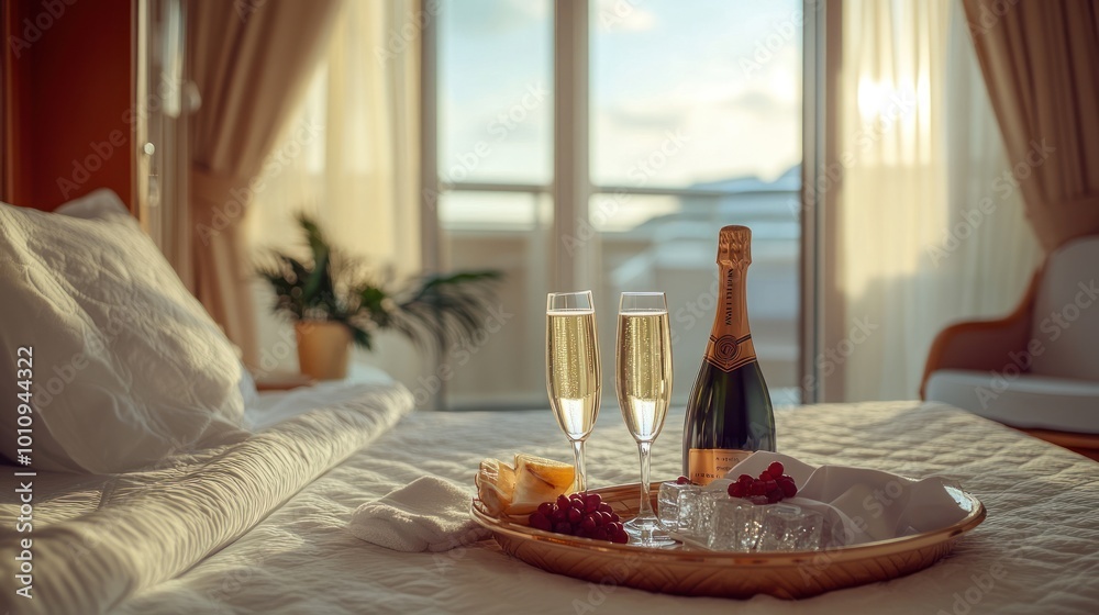 A cozy hotel room featuring champagne and snacks, perfect for a romantic getaway. A cozy hotel room featuring champagne and snacks, perfect for a romantic getaway.