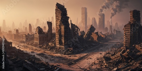 Fototapeta Naklejka Na Ścianę i Meble -  city destroyed by war Apocalypse battlefield aftermath ruins.