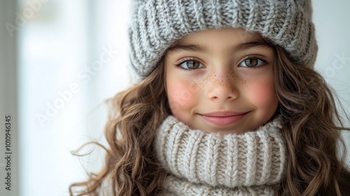 A young girl smiling warmly, wearing a cozy knitted hat and scarf.