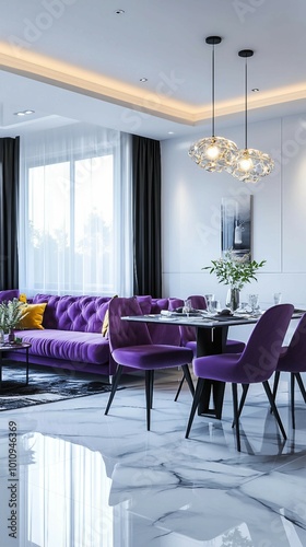 Modern Interior Design with Purple Furniture and Marble Floor