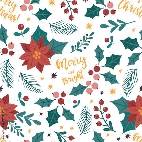 Seamless pattern with poinsettia flowers and floral branches and berries. Perfect for Christmas paper, fabric and gift designs
