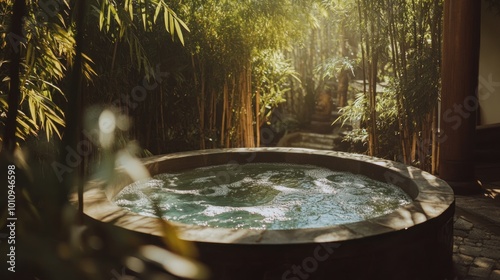 A serene hot tub surrounded by lush bamboo, inviting relaxation and tranquility.