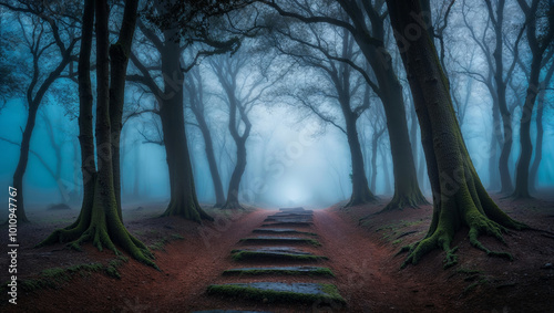 Mysterious forest path disappearing into a blue fog. photo