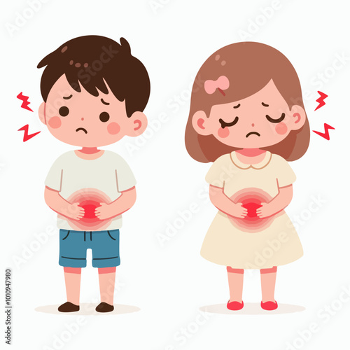 children with stomach aches flat illustration