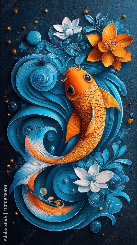 Vibrant Koi Fish with Floral Accents in Blue Waters Vibrant Koi Fish with Floral Accents in Blue Waters