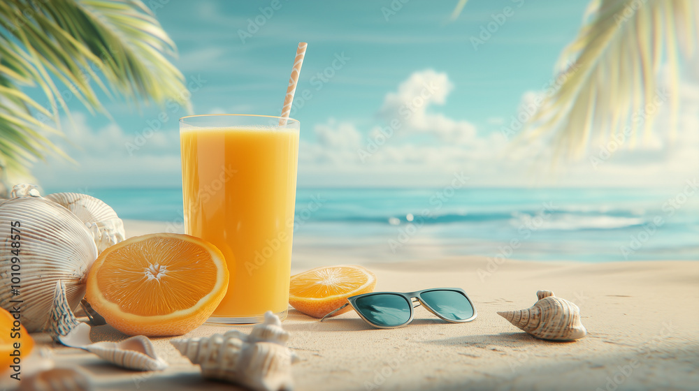 A picturesque scene of a tropical setting with a refreshing glass of orange juice on a beach table, accompanied by a straw, sunglasses, and seashells, evoking a vacation vibe, Illu