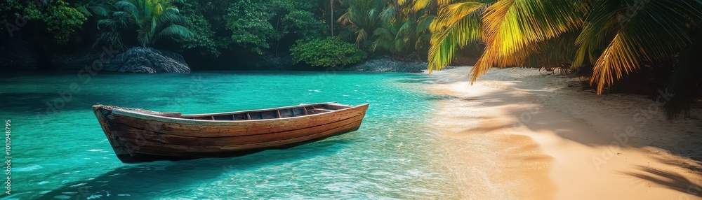 Tranquil Tropical Beach with Wooden Boat and Lush Palm Trees in Crystal Clear Turquoise Water at Sunset Tranquil Tropical Beach with Wooden Boat and Lush Palm Trees in Crystal Clear Turquoise Water at Sunset