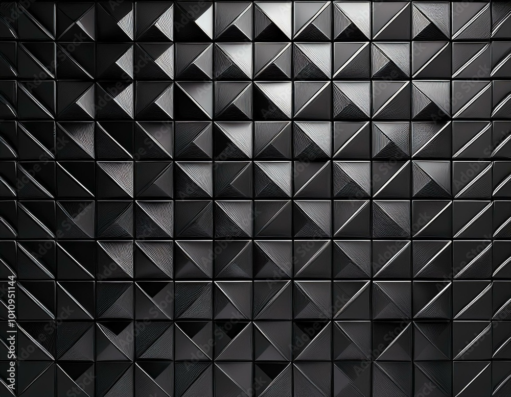 Polished, Semigloss Wall background with tiles. Triangular, tile Wallpaper with 3D, Black blocks. 3D Render Polished, Semigloss Wall background with tiles. Triangular, tile Wallpaper with 3D, Black blocks. 3D Render