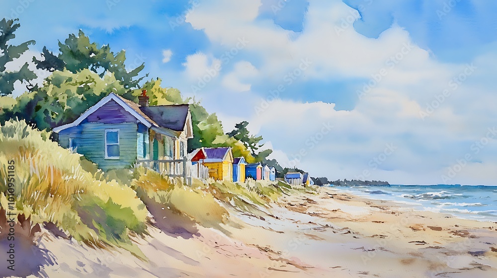 Obraz premium Watercolor Painting of Beach Houses on a Sandy Shore.