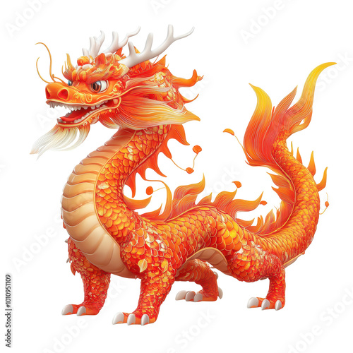 Fiery orange dragon with intricate scales and flowing mane, isolated on white. Concept of mythology, strength, and fantasy. 