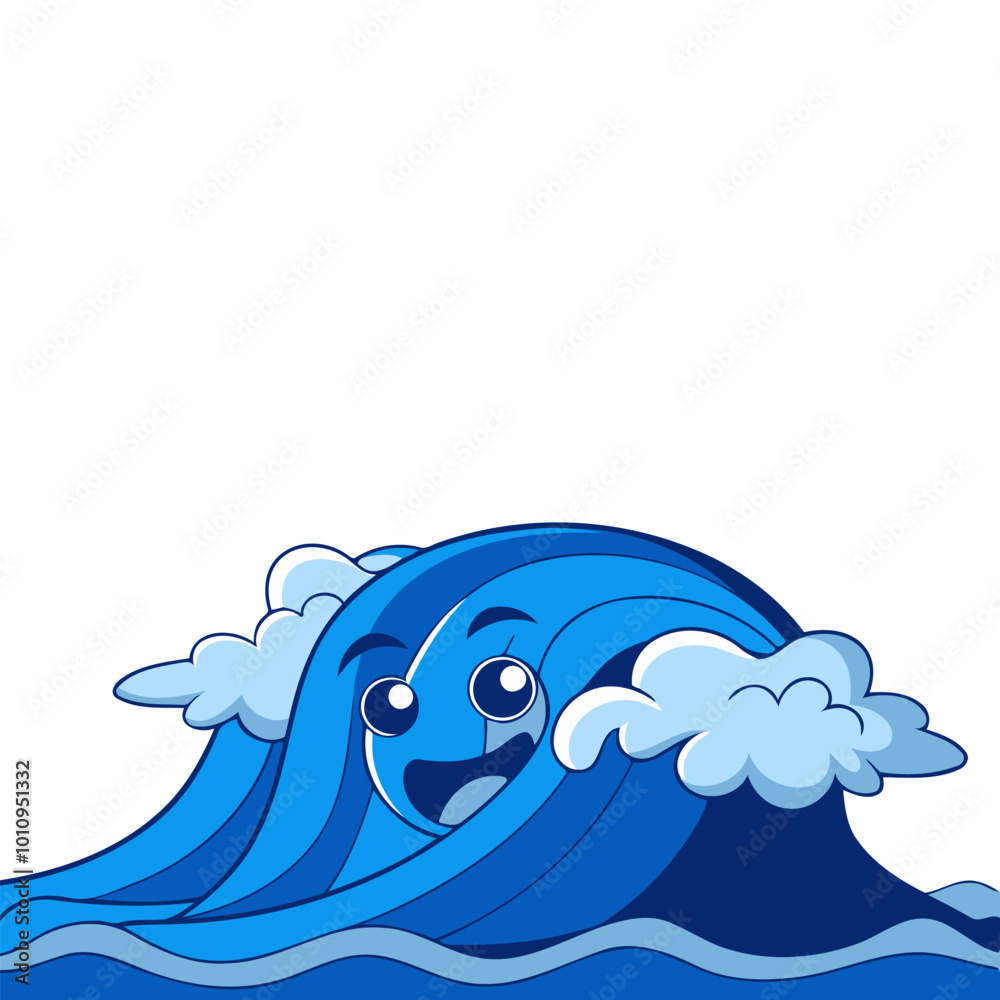 Happy Blue Ocean Wave Cartoon Character Illustration.