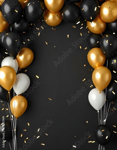 black and golden balloons and confetti background with copy space for festive gender reveal party or baby shower backdrop photo