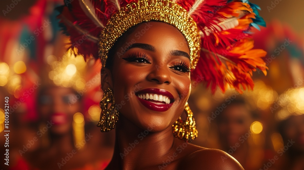 A vibrant portrait of a joyful woman in a colorful headdress, showcasing beauty and celebration in a festive atmosphere. A vibrant portrait of a joyful woman in a colorful headdress, showcasing beauty and celebration in a festive atmosphere.