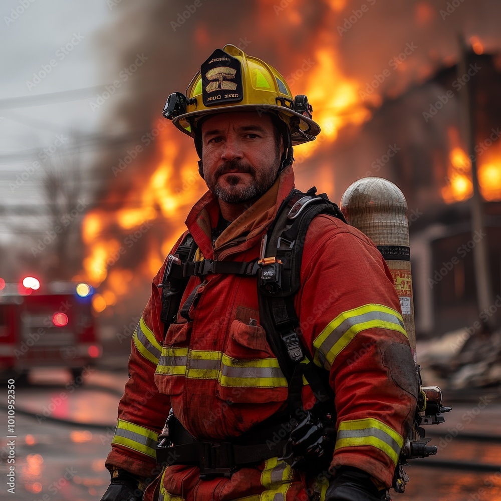 Firefighter Approaching Burning House with Intense Flames and Smoke Firefighter Approaching Burning House with Intense Flames and Smoke