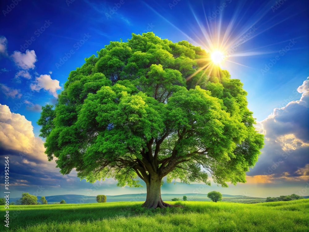 A vibrant tree basks in the warm afternoon sunlight, framed by lush greenery and bright flowers beneath a canopy of clear blue skies. A vibrant tree basks in the warm afternoon sunlight, framed by lush greenery and bright flowers beneath a canopy of clear blue skies.