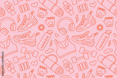 Fitness seamless pattern. Flat cartoon design of workout equipment, vector illustrations of sneakers, water bottles, yoga mats. Modern doodle outline style, for sport and health related designs