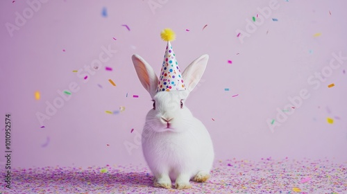 A festive rabbit wearing a party hat amidst colorful confetti on a pink background. photo