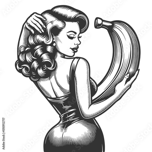 pin-up woman holding a large banana, blending humor and classic pin-up art sketch engraving generative ai fictional character vector illustration. Scratch board imitation. Black and white image.