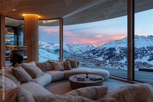 A luxurious circular seating area features expansive windows displaying a breathtaking view of snowy mountains  with cozy decor and soft lighting enhancing comfort.