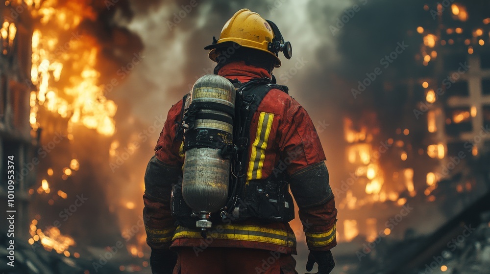 Firefighter Approaching Burning House with Intense Flames and Smoke Firefighter Approaching Burning House with Intense Flames and Smoke
