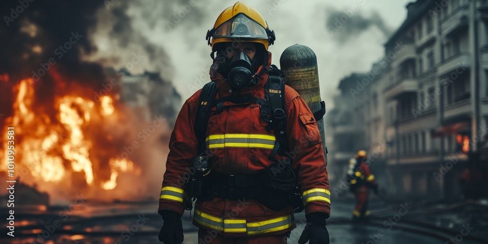 Firefighter Approaching Burning House with Intense Flames and Smoke Firefighter Approaching Burning House with Intense Flames and Smoke