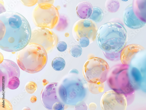 Colorful translucent bubbles float against a white background, showcasing a playful display of light and color in a whimsical atmosphere
