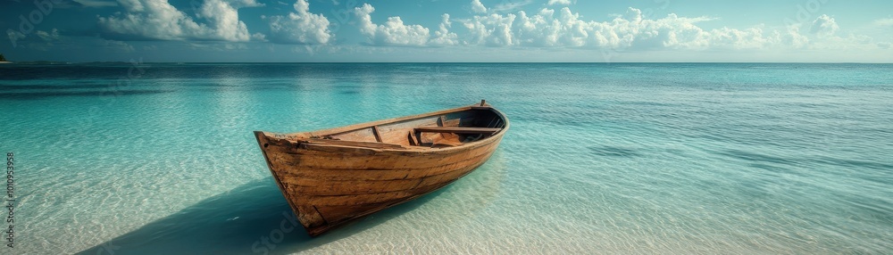 ** Serene Wooden Boat on Crystal Clear Tropical Beach with Turquoise Waters and Blue Sky Horizon in Tranquil Paradise..** ** Serene Wooden Boat on Crystal Clear Tropical Beach with Turquoise Waters and Blue Sky Horizon in Tranquil Paradise..**