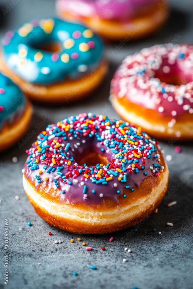 Colorful doughnuts with sprinkles and a glossy glaze on top, on a grey table. Colorful doughnuts with sprinkles and a glossy glaze on top, on a grey table.